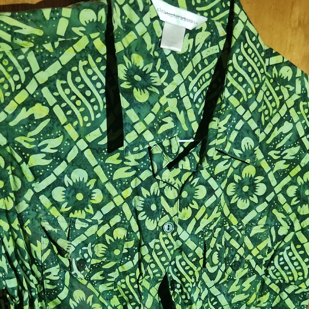 Christopher & Banks Green Geometric Blouse